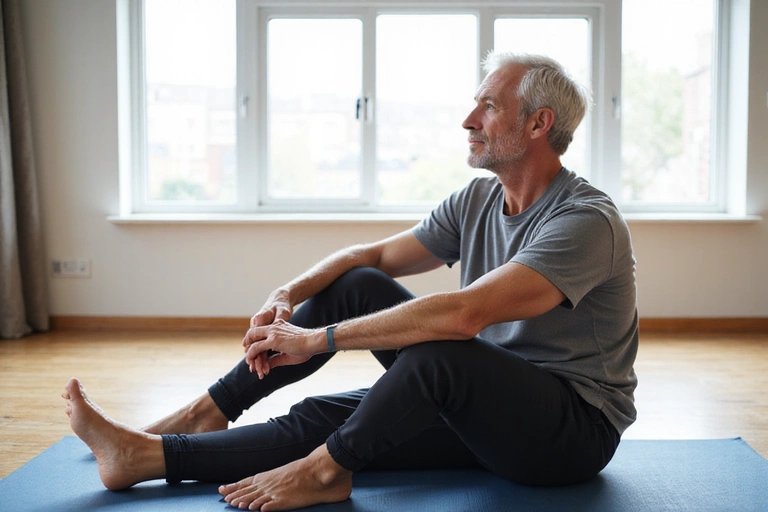 Man stretching on a mat, demonstrating flexibility